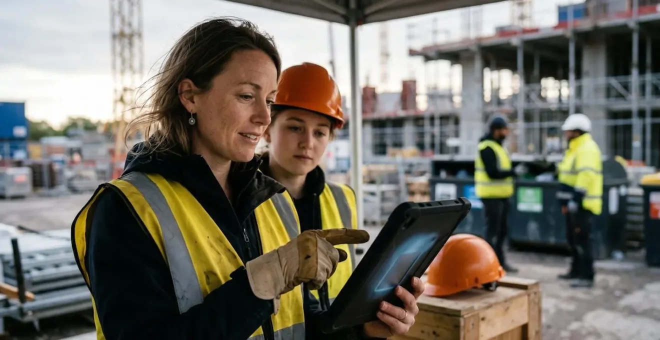 Illustration symbolique de la chaîne de traçabilité numérique des déchets de chantier avec acteurs multiples
