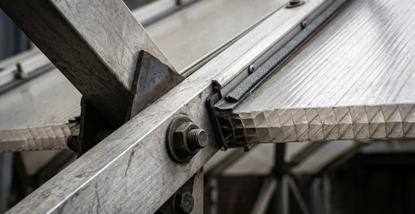 Structure de protection modulaire pour piétons installée devant une façade en travaux en zone urbaine