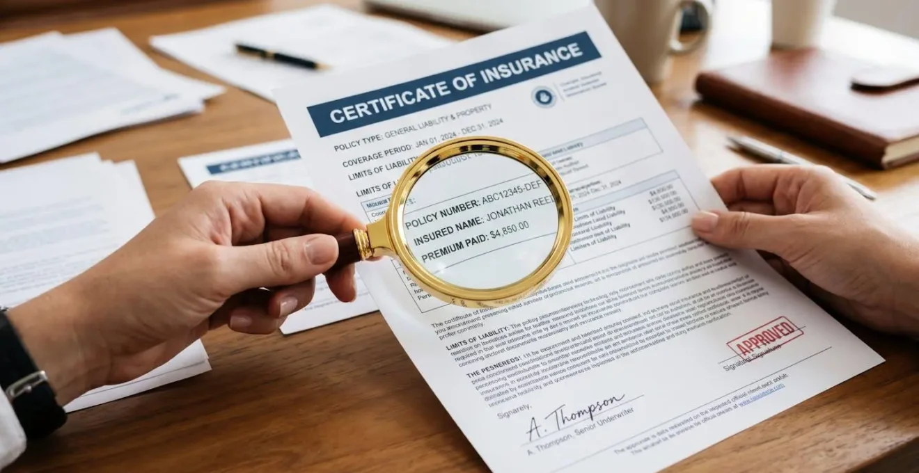 Gros plan sur des mains professionnelles examinant minutieusement un document d'attestation d'assurance avec loupe