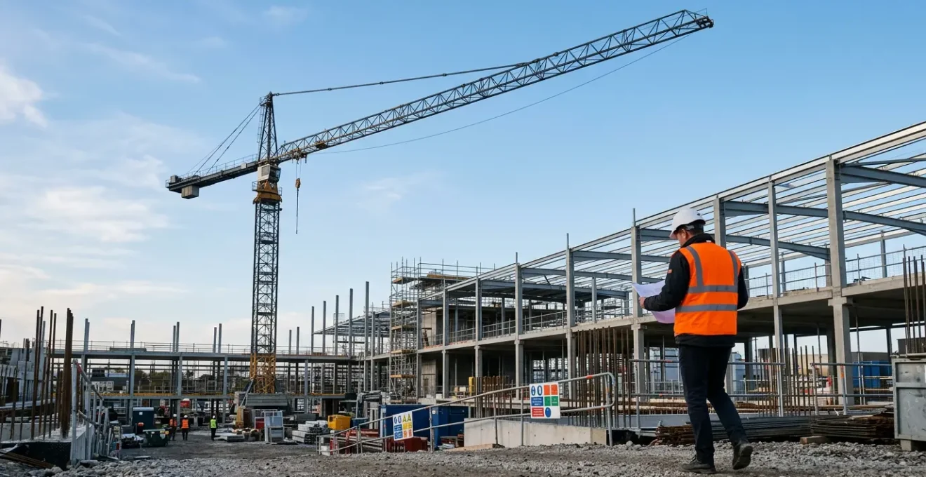 Inspection de sécurité professionnelle sur un chantier de construction moderne avec grue à tour, mise en avant des protocoles de vérification et de conformité