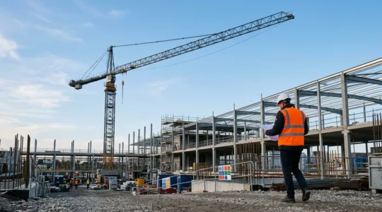 Inspection de sécurité professionnelle sur un chantier de construction moderne avec grue à tour, mise en avant des protocoles de vérification et de conformité