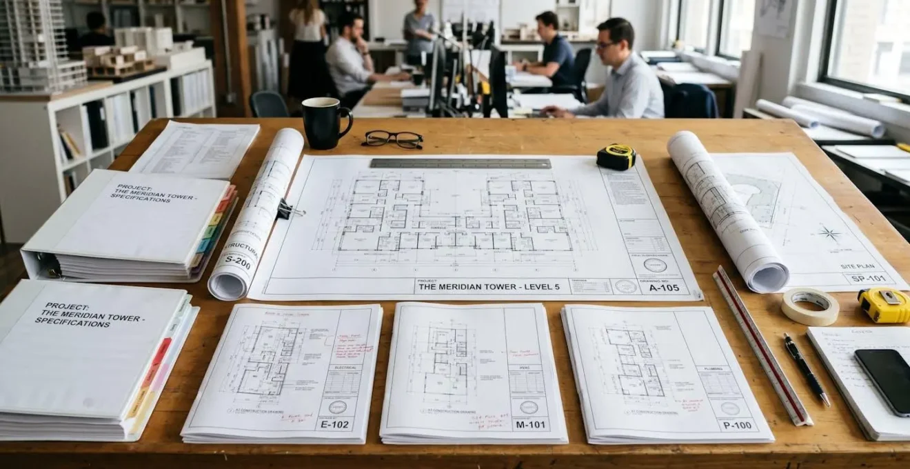 Documents de construction soigneusement organisés sur une table de travail professionnelle