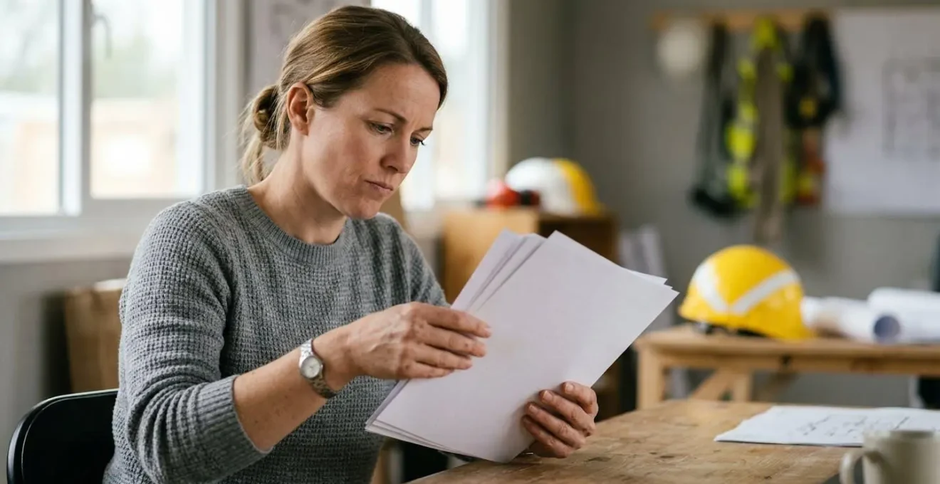 Professionnel du BTP examinant attentivement des documents d'attestation d'assurance dans un environnement de chantier