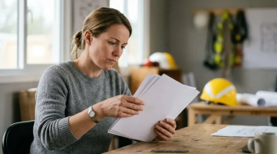 Professionnel du BTP examinant attentivement des documents d'attestation d'assurance dans un environnement de chantier