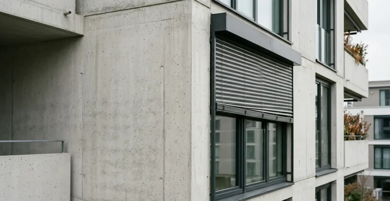 Volet roulant motorisé bloqué sur une fenêtre de logement neuf illustrant les problématiques de garantie sur éléments dissociables