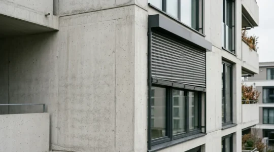 Volet roulant motorisé bloqué sur une fenêtre de logement neuf illustrant les problématiques de garantie sur éléments dissociables