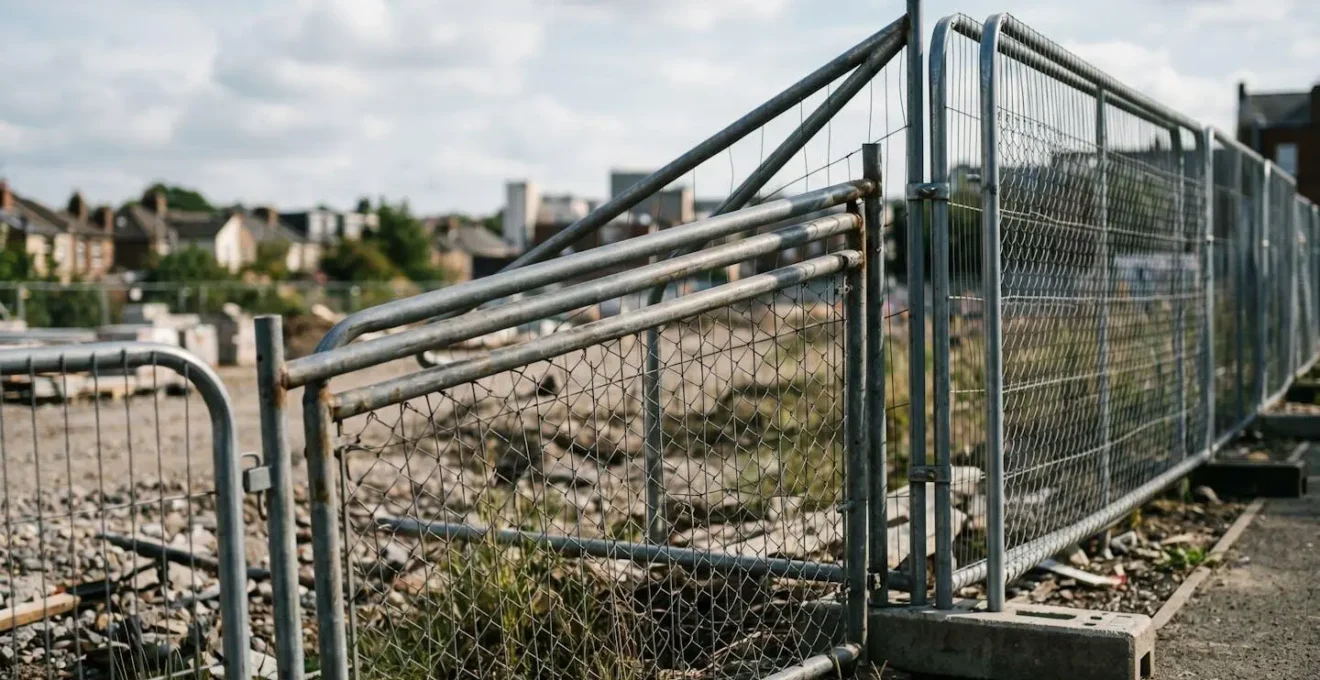 Périmètre de sécurité matérialisé par des barrières métalliques autour d'une zone de chantier dangereuse