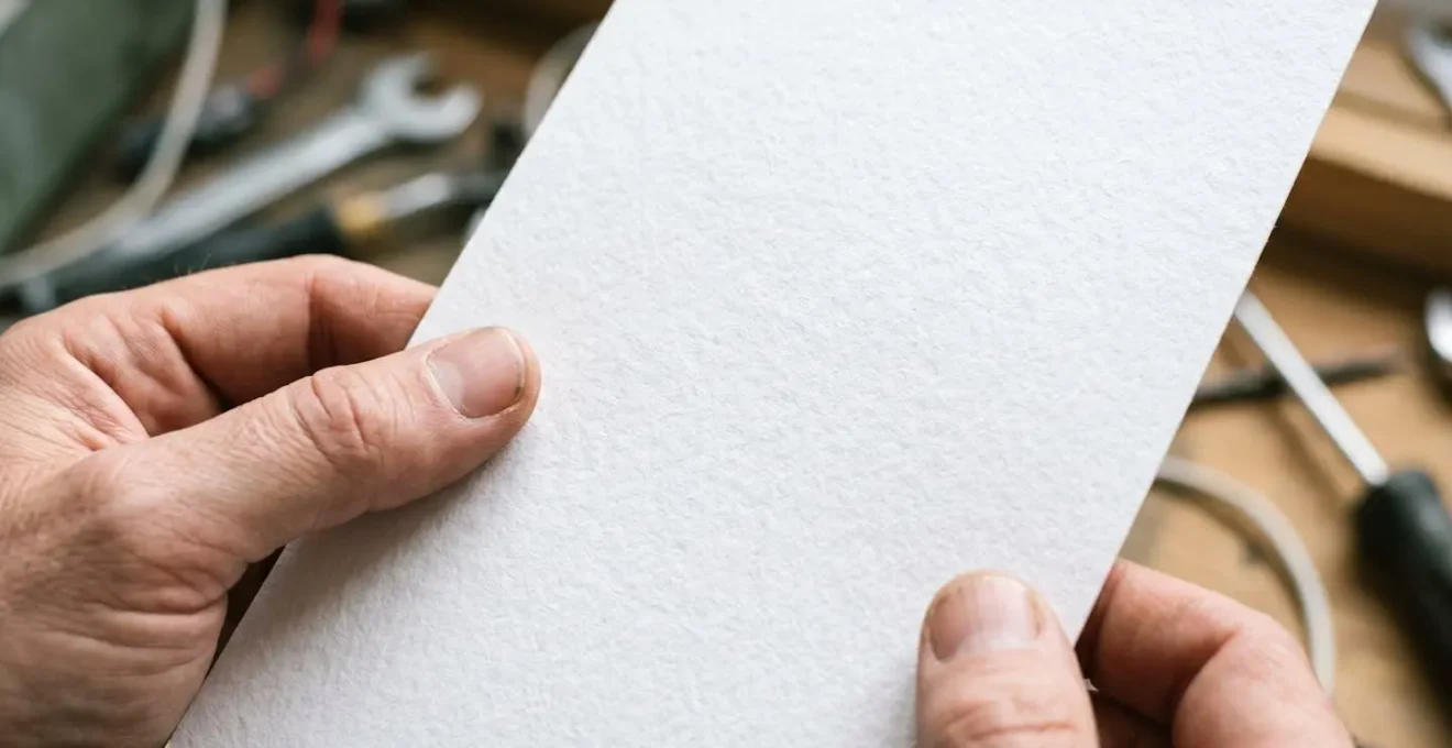Gros plan sur des mains d'artisan tenant une attestation d'assurance avec focus sur les détails techniques