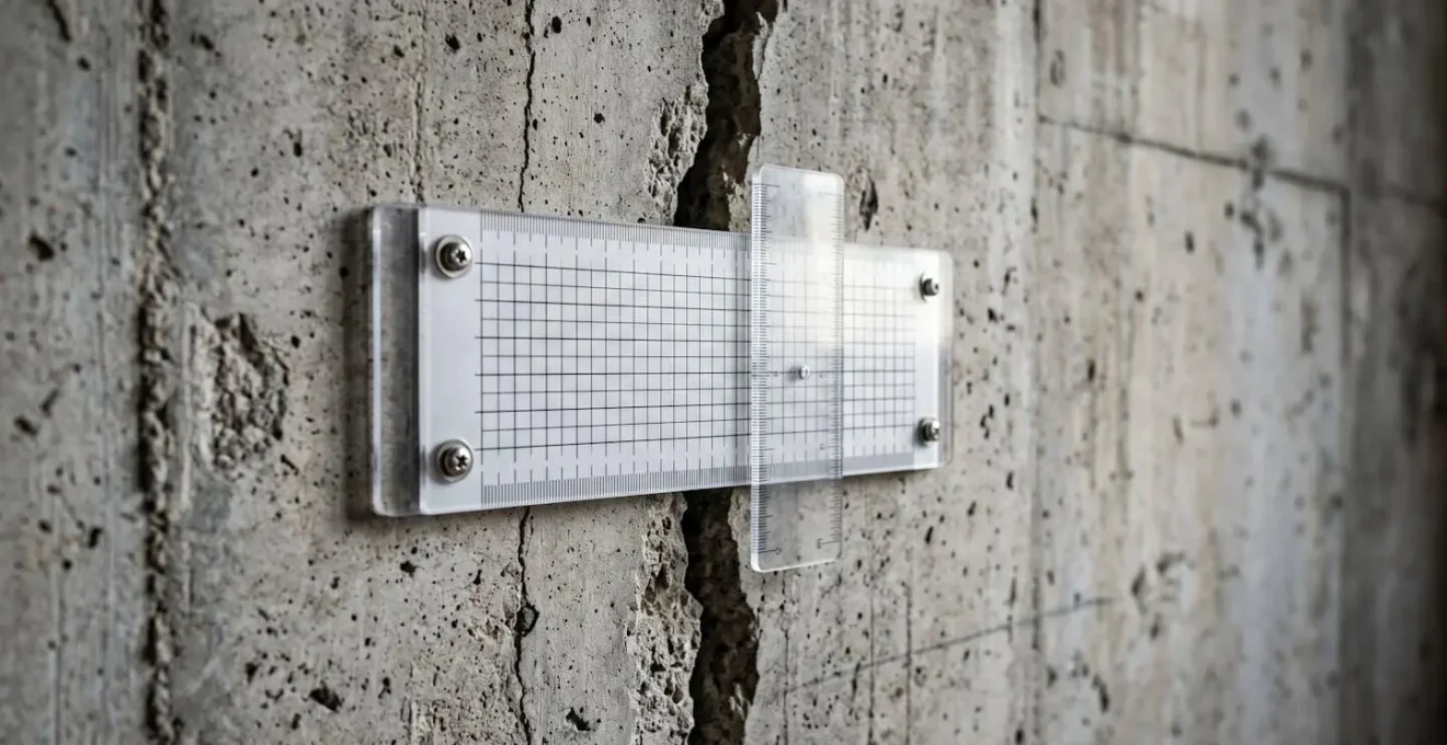 Jauge de mesure professionnelle installée sur une fissure de béton dans un environnement de fondation