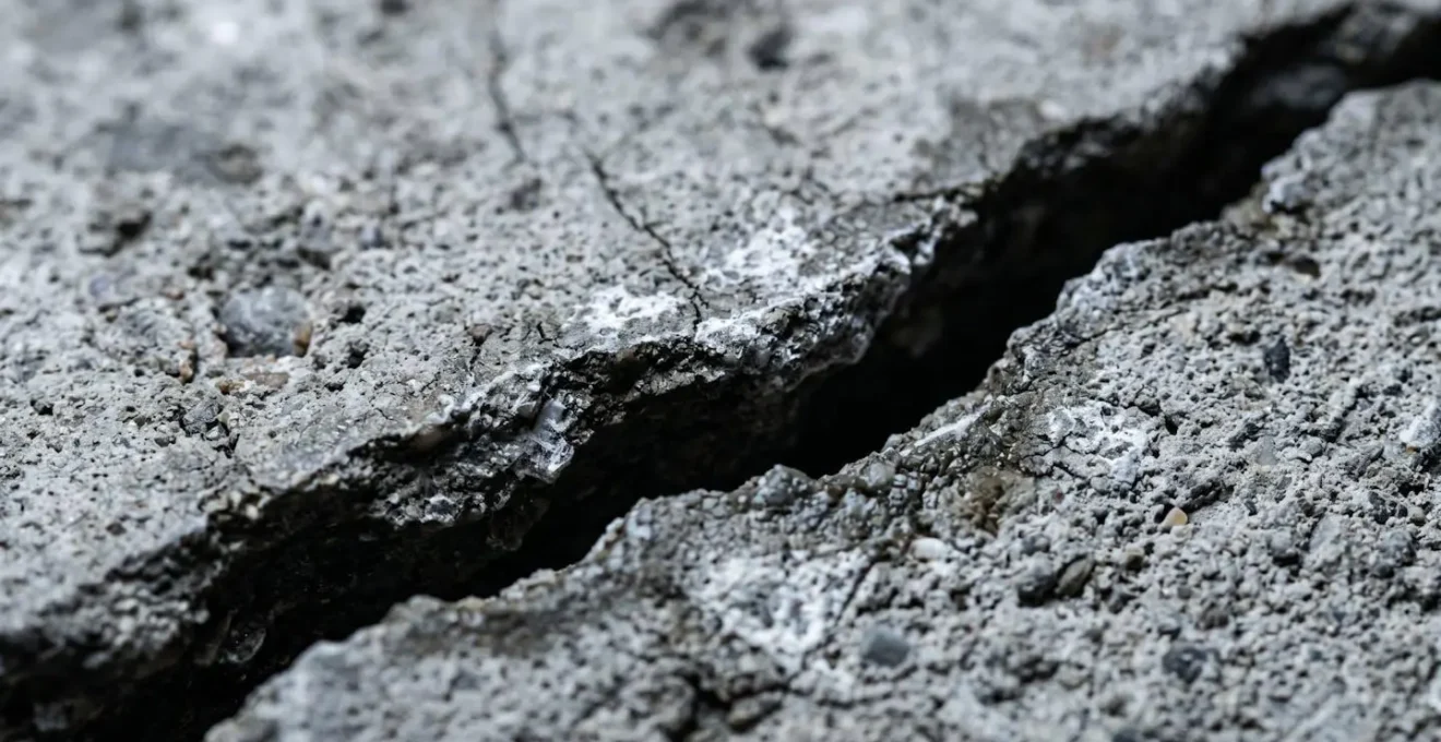 Gros plan sur une surface de béton fissurée montrant les effets de la pression hydrostatique avec traces d'humidité