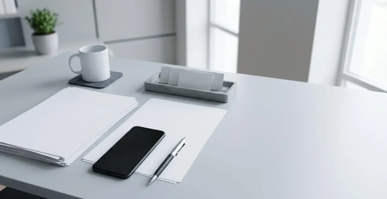 Environnement de bureau professionnel avec documents d'assurance disposés sur une table de travail épurée